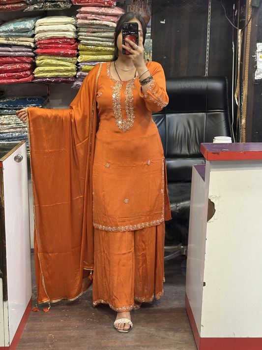 Rust Orange Pure Chinnon Embroidered Short Kurti Dress with Lining & Embroidered Full Flared Divider with Full Embroidered Dupatta