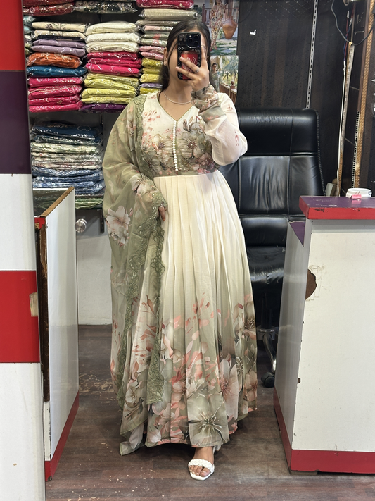Cream Soft Chiffon Floral Print Full Flair Anarkali Suit with Hand Embroidery Work on Neck & Embroidered Organza Dupatta