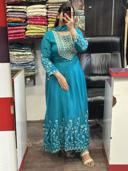 Sky blue Pure chinnon with Handwork on Neck and full Flair Anarkali Suit with Embroidered Chinnon Dupatta & Pant