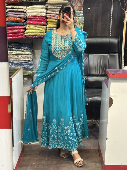Sky blue Pure chinnon with Handwork on Neck and full Flair Anarkali Suit with Embroidered Chinnon Dupatta & Pant