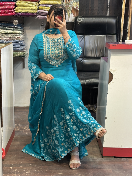 Sky blue Pure chinnon with Handwork on Neck and full Flair Anarkali Suit with Embroidered Chinnon Dupatta & Pant