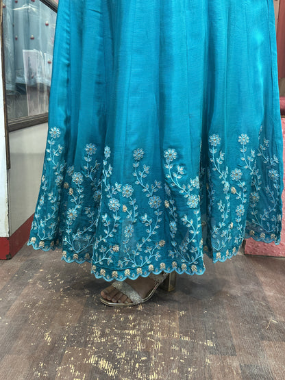 Sky blue Pure chinnon with Handwork on Neck and full Flair Anarkali Suit with Embroidered Chinnon Dupatta & Pant