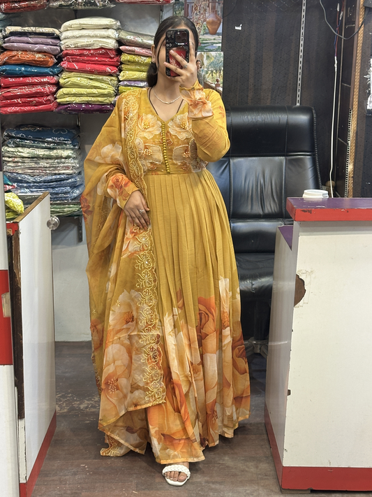 Mustard Soft Chiffon Floral Print Full Flair Anarkali Suit with Hand Embroidery Work on Neck & Embroidered Organza Dupatta