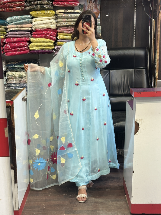 Sky Blue Organza Designer Anarkali Dress with Handwork Sleeves with Pant and Full Brush Paint Organza Dupatta