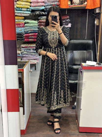 Beautiful Black Full Flaired Anarkali Suit Handwork with embroidered pant & Chinon dupatta