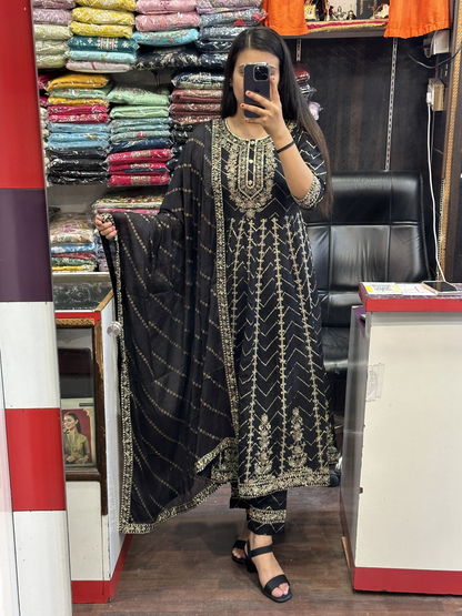 Beautiful Black Full Flaired Anarkali Suit Handwork with embroidered pant & Chinon dupatta