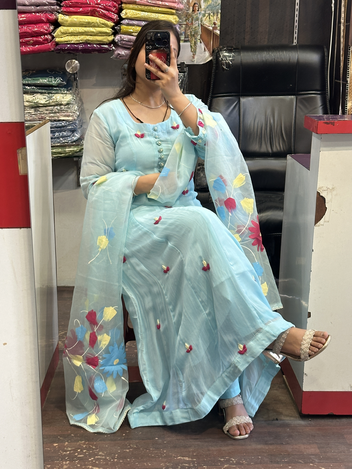 Sky Blue Organza Designer Anarkali Dress with Handwork Sleeves with Pant and Full Brush Paint Organza Dupatta