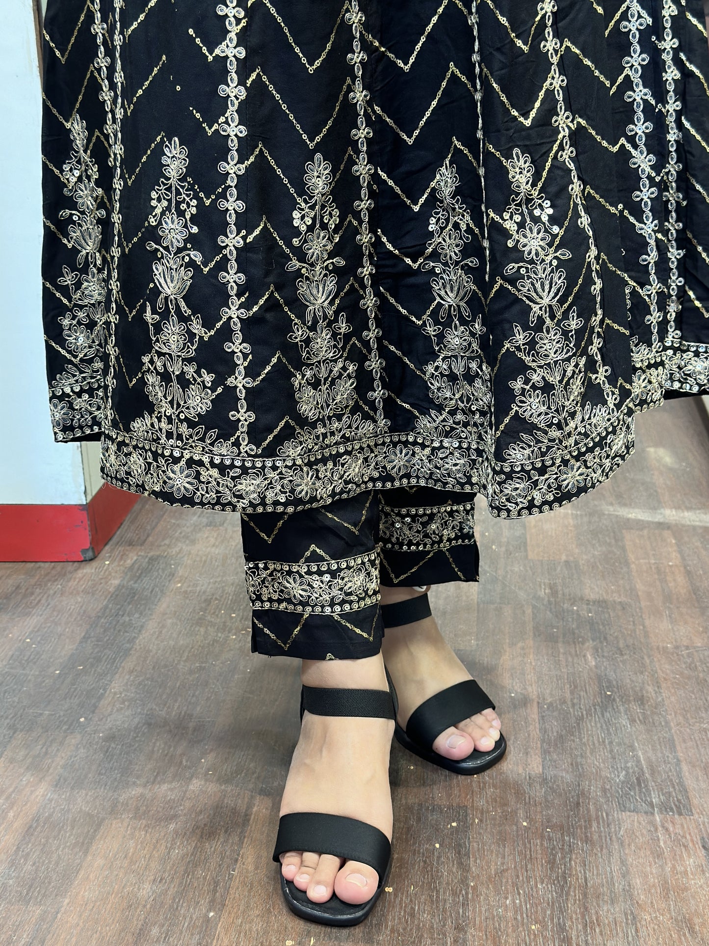 Beautiful Black Full Flaired Anarkali Suit Handwork with embroidered pant & Chinon dupatta