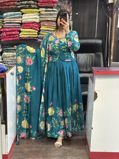 Peacock Shade Crepe Floral Print Full Flair Anarkali Suit with Embroidered Jacket