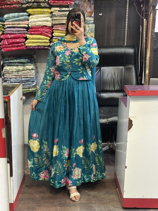 Peacock Shade Crepe Floral Print Full Flair Anarkali Suit with Embroidered Jacket