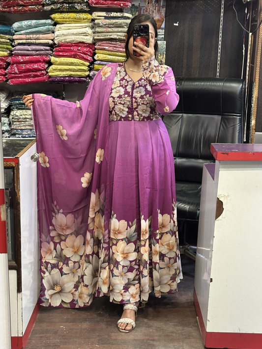 Purple Soft Organza Floral Print Full Flair Anarkali Suit with Hand Embroidery Work on Neck & Embroidered Organza Dupatta