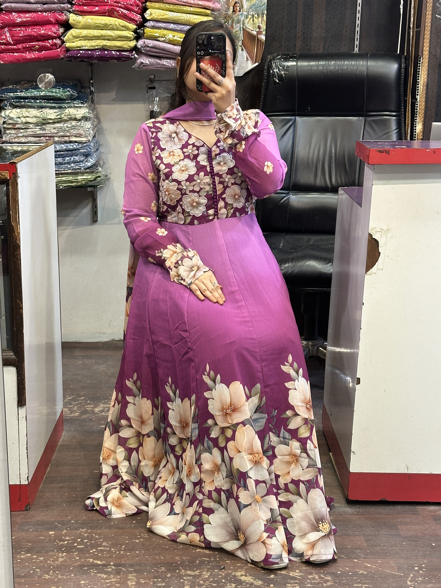 Purple Soft Organza Floral Print Full Flair Anarkali Suit with Hand Embroidery Work on Neck & Embroidered Organza Dupatta