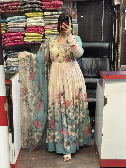 Soft Chiffon Floral Print Full Flair Anarkali Suit with Hand Embroidery Work on Neck & Embroidered Organza Dupatta