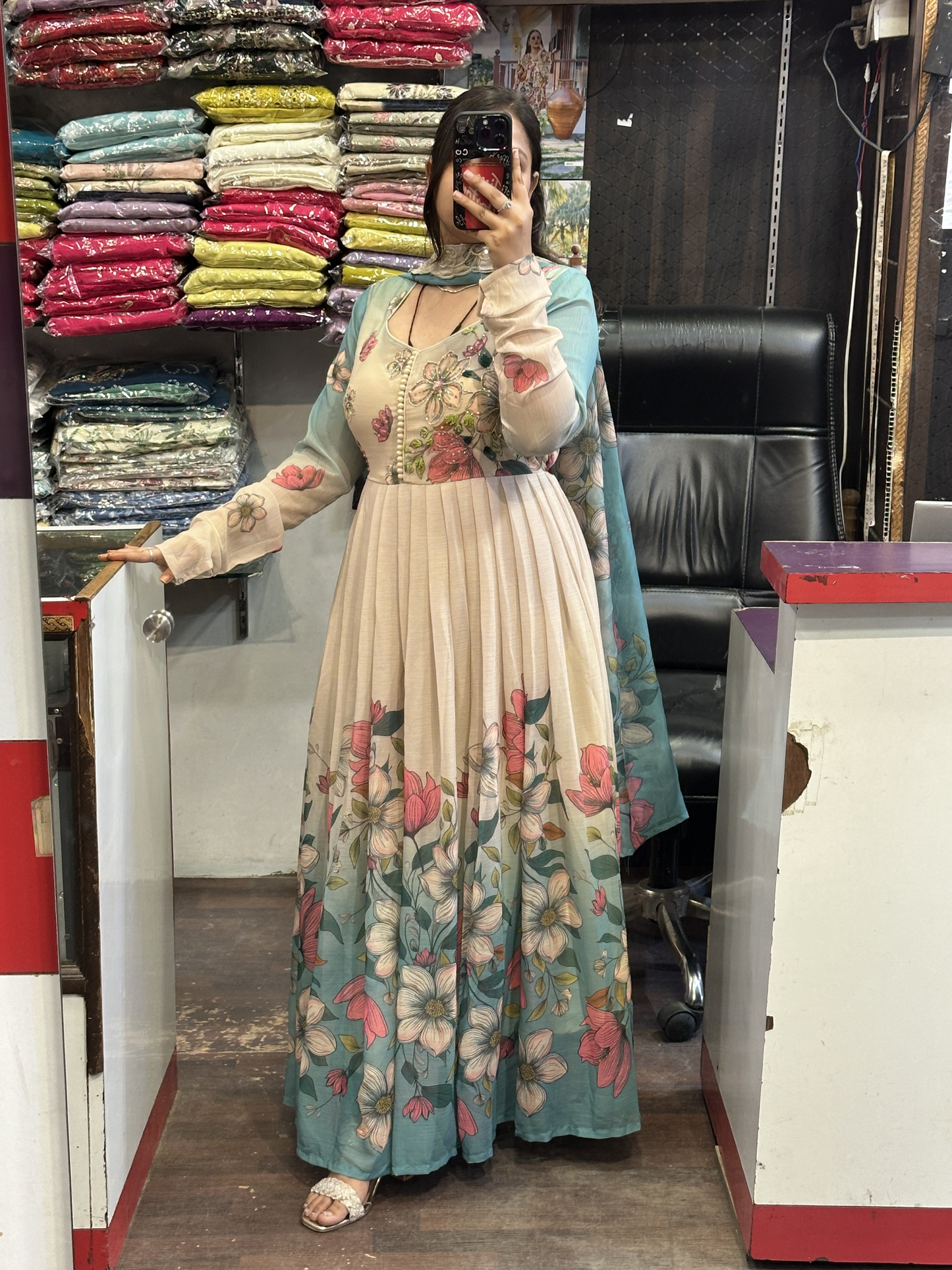 Soft Chiffon Floral Print Full Flair Anarkali Suit with Hand Embroidery Work on Neck & Embroidered Organza Dupatta
