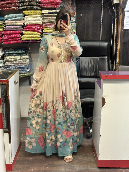Soft Chiffon Floral Print Full Flair Anarkali Suit with Hand Embroidery Work on Neck & Embroidered Organza Dupatta