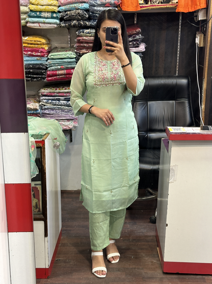 Aqua Green Hand Work Organza Pakistani Suit With Lining & Organza Brush Paint Dupatta