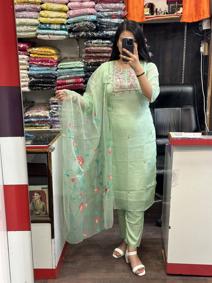 Aqua Green Hand Work Organza Pakistani Suit With Lining & Organza Brush Paint Dupatta