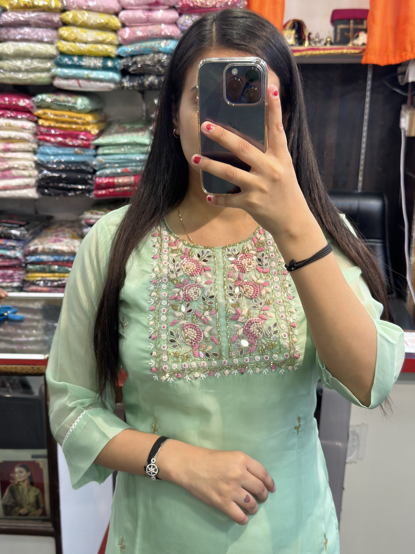 Aqua Green Hand Work Organza Pakistani Suit With Lining & Organza Brush Paint Dupatta