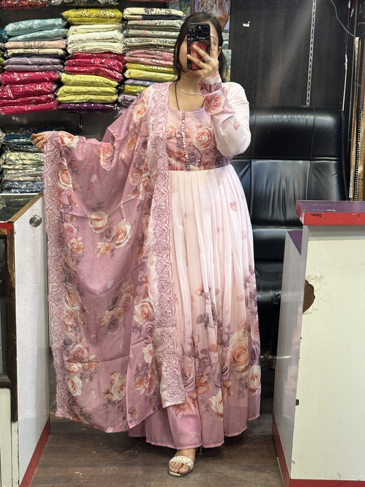 Soft Chiffon Floral Print Full Flair Anarkali Suit with Hand Embroidery Work on Neck & Embroidered Organza Dupatta