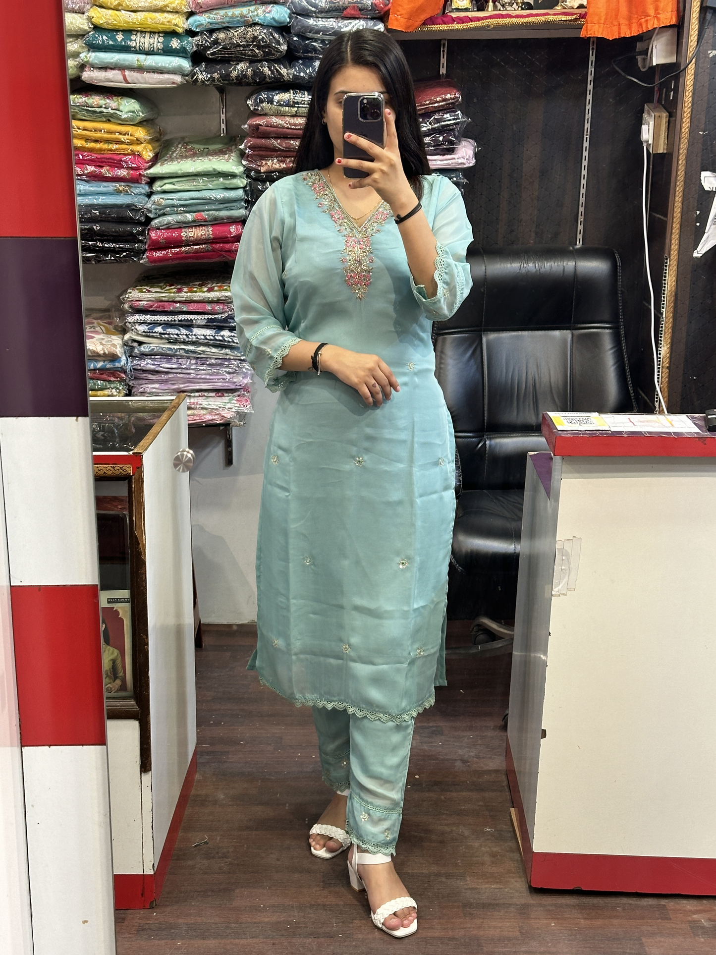 Aqua Dark Green V Neck Hand Work Organza Pakistani Suit With Lining & Organza Embroidery Dupatta