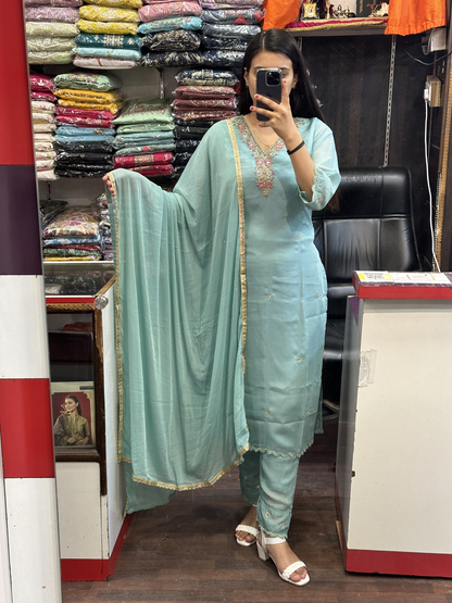 Aqua Dark Green V Neck Hand Work Organza Pakistani Suit With Lining & Organza Embroidery Dupatta