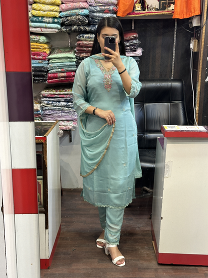 Aqua Dark Green V Neck Hand Work Organza Pakistani Suit With Lining & Organza Embroidery Dupatta