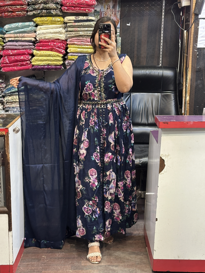 Blue Chinnon Dress with Mirror work with Front Cut And Detachable Belt Chinnon Dupatta & Pant