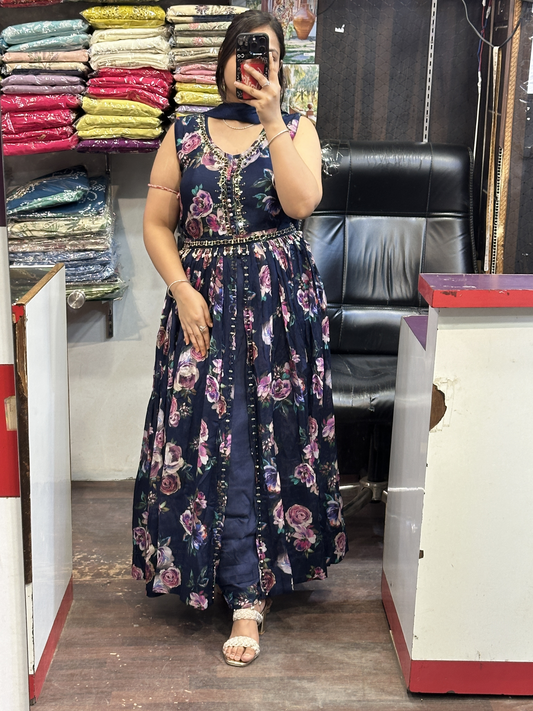 Blue Chinnon Dress with Mirror work with Front Cut And Detachable Belt Chinnon Dupatta & Pant