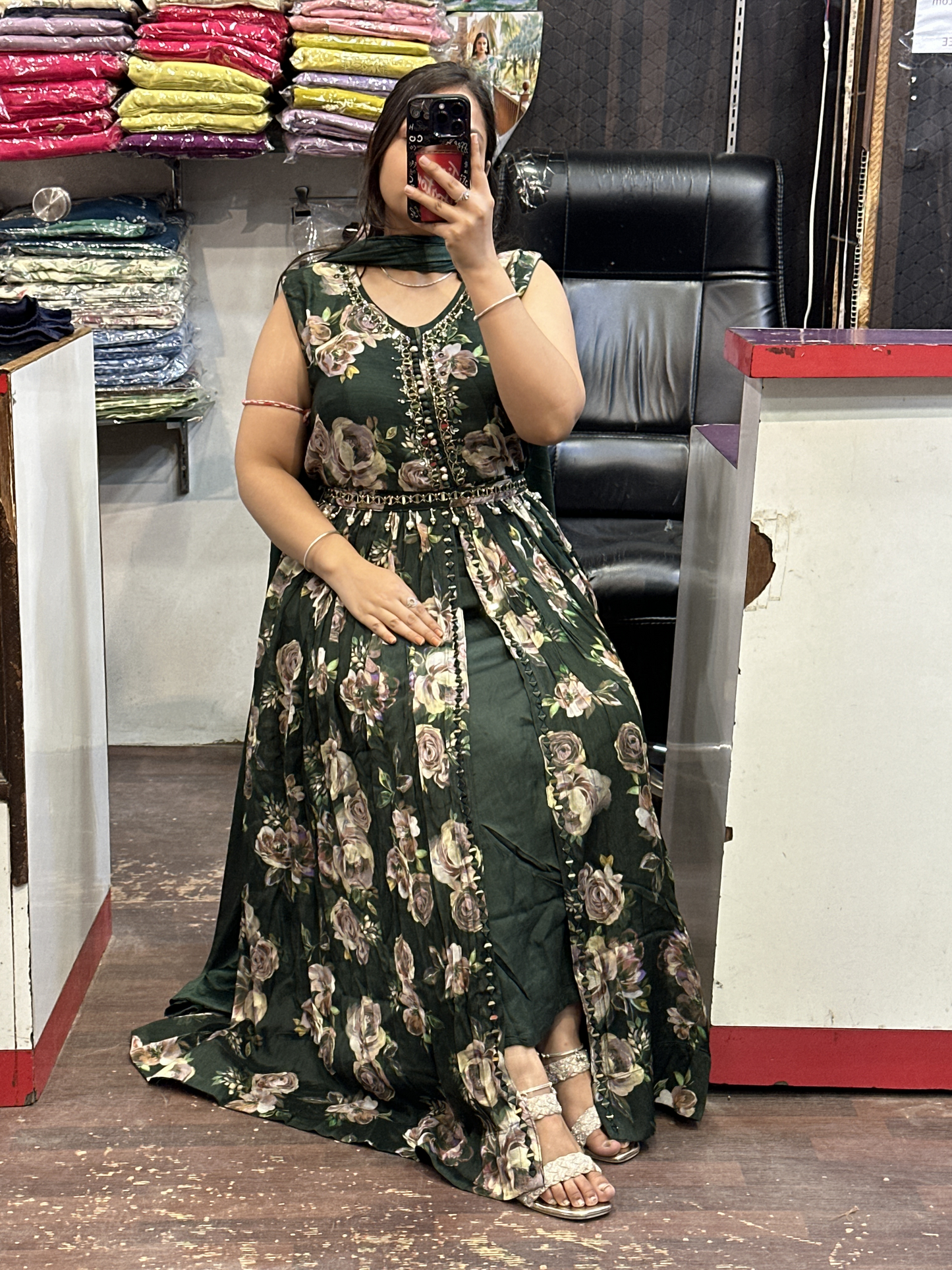 Mehndi Green Chinnon Dress with Mirror work with Front Cut And Detachable Belt Chinnon Dupatta & Pant