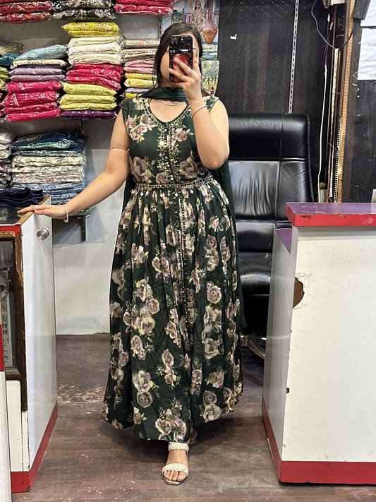 Mehndi Green Chinnon Dress with Mirror work with Front Cut And Detachable Belt Chinnon Dupatta & Pant