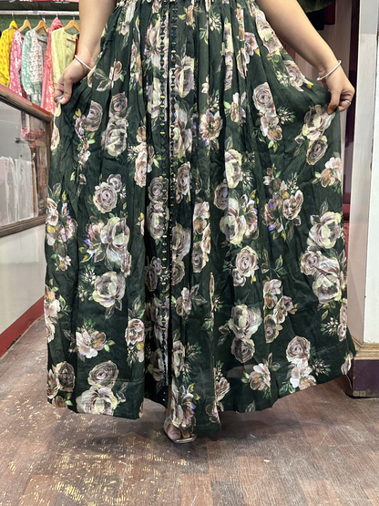 Mehndi Green Chinnon Dress with Mirror work with Front Cut And Detachable Belt Chinnon Dupatta & Pant