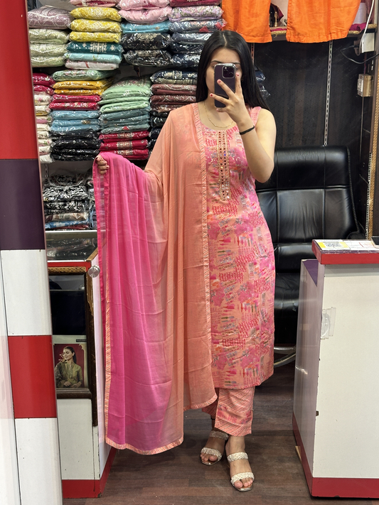 Mirror Work Multi Colour Very Soft Ryon Cotton Pant Suit with Chiffon Dupatta(Full sleeves attached inside)