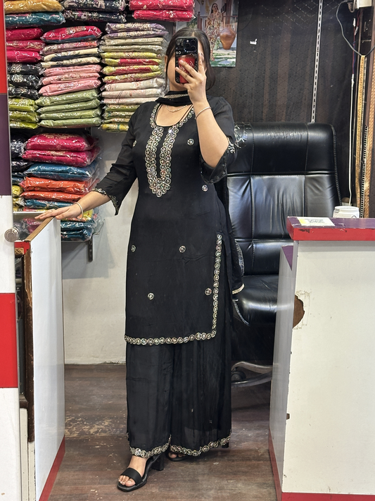 Black Pure Chinnon Embroidered Short Kurti Dress with Lining & Embroidered Full Flared Divider with Full Embroidered Dupatta
