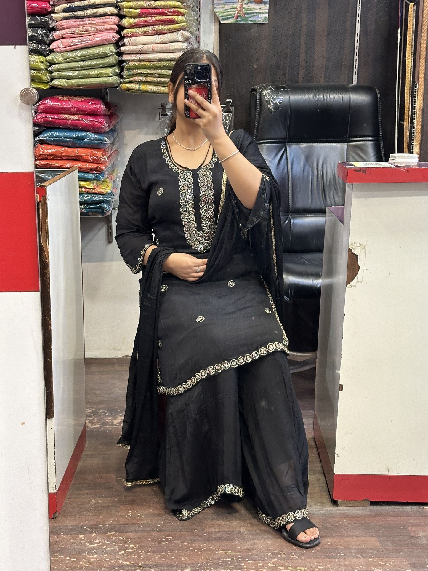 Black Pure Chinnon Embroidered Short Kurti Dress with Lining & Embroidered Full Flared Divider with Full Embroidered Dupatta