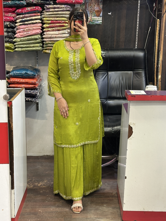 Pure Chinnon Embroidered Short Kurti Dress with Lining & Embroidered Full Flared Divider with Full Embroidered Dupatta