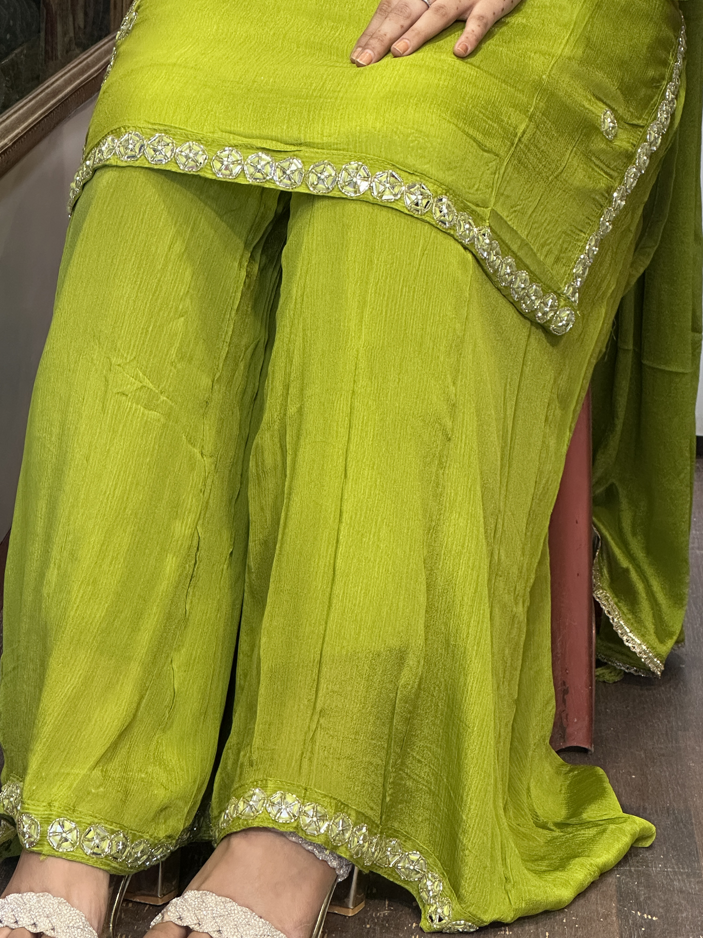 Pure Chinnon Embroidered Short Kurti Dress with Lining & Embroidered Full Flared Divider with Full Embroidered Dupatta