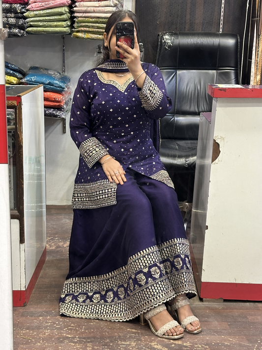 Embroidered Pure Raw Silk 3pc Dress with Lining & Embroidered Full Flared Divider with Designer Embroidered Sleeves and Full Pure Embroidered Dupatta