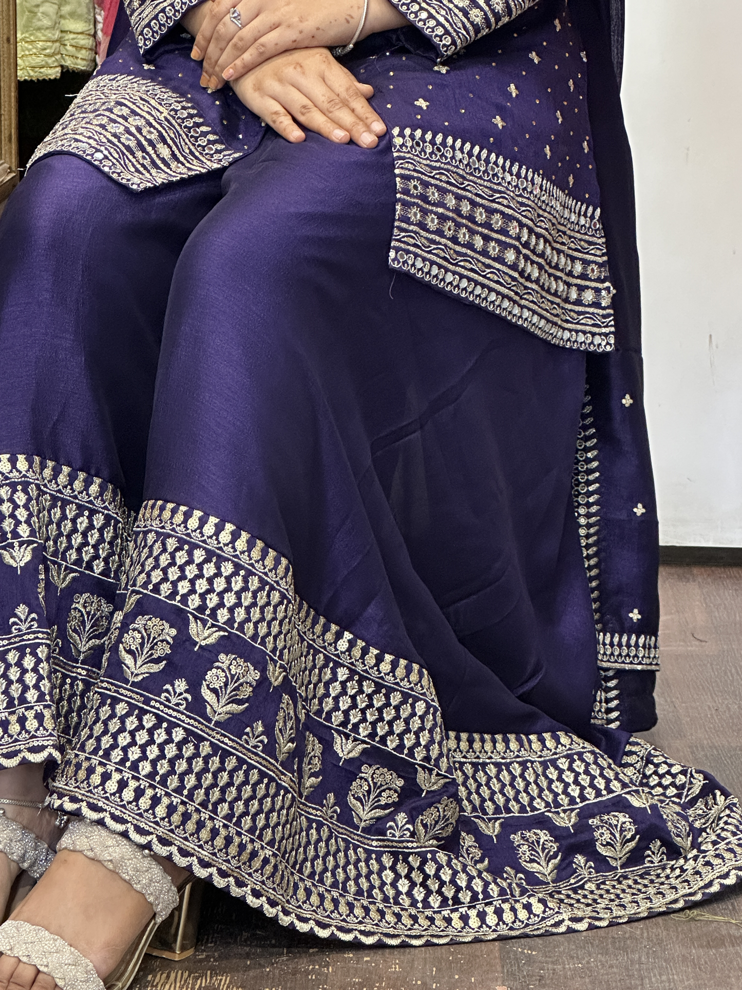 Embroidered Pure Raw Silk 3pc Dress with Lining & Embroidered Full Flared Divider with Designer Embroidered Sleeves and Full Pure Embroidered Dupatta