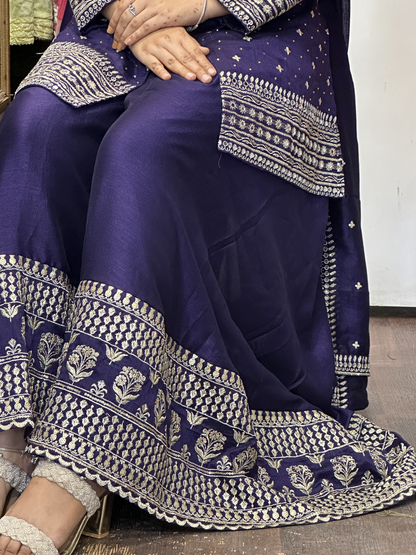Embroidered Pure Raw Silk 3pc Dress with Lining & Embroidered Full Flared Divider with Designer Embroidered Sleeves and Full Pure Embroidered Dupatta