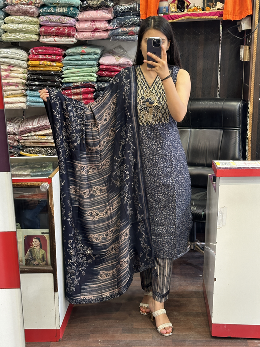 Navy Blue Handwork Muslin Kurta with Lining & Pant with Lining Full Sleeves Attached inside With Pure Printed Dupatta