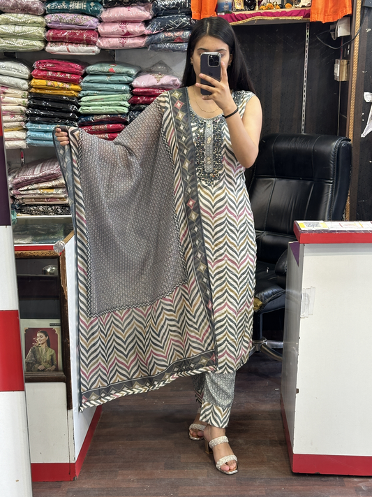 Mirror Work Zig Zag Printed Cotton Kurta with Printed Pant & Digital Dupatta