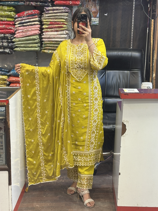 Mustard Premium Pure Chinnon Embroidered Pakistani Suit with Designer Sleeves and Embroidered Plazo Along Side Full Pure Chinnon Embroidered Dupatta