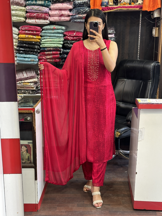 Mirror Work Tie & Dye Very Soft Ryon Cotton Pant Suit with Chiffon Dupatta(Full sleeves attached inside)