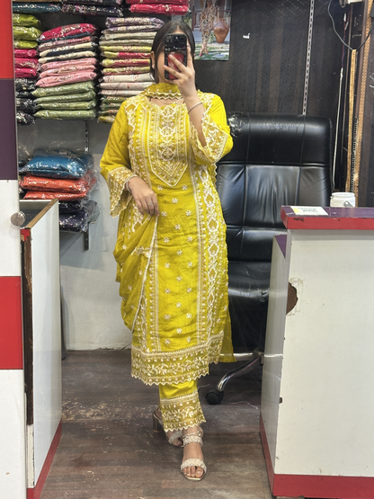 Mustard Premium Pure Chinnon Embroidered Pakistani Suit with Designer Sleeves and Embroidered Plazo Along Side Full Pure Chinnon Embroidered Dupatta