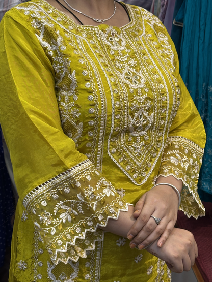 Mustard Premium Pure Chinnon Embroidered Pakistani Suit with Designer Sleeves and Embroidered Plazo Along Side Full Pure Chinnon Embroidered Dupatta