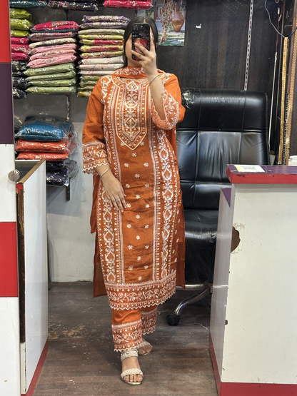 Rust Premium Pure Chinnon Embroidered Pakistani Suit with Designer Sleeves and Embroidered Plazo Along Side Full Pure Chinnon Embroidered Dupatta