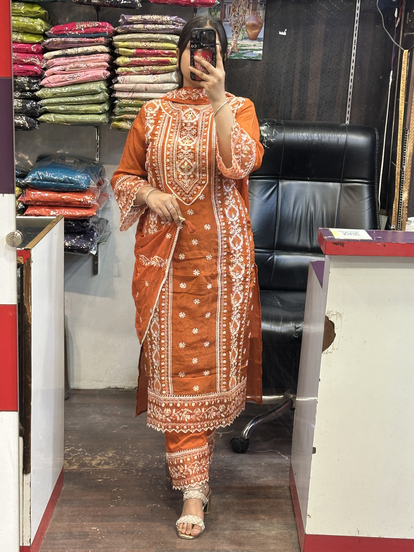 Rust Premium Pure Chinnon Embroidered Pakistani Suit with Designer Sleeves and Embroidered Plazo Along Side Full Pure Chinnon Embroidered Dupatta
