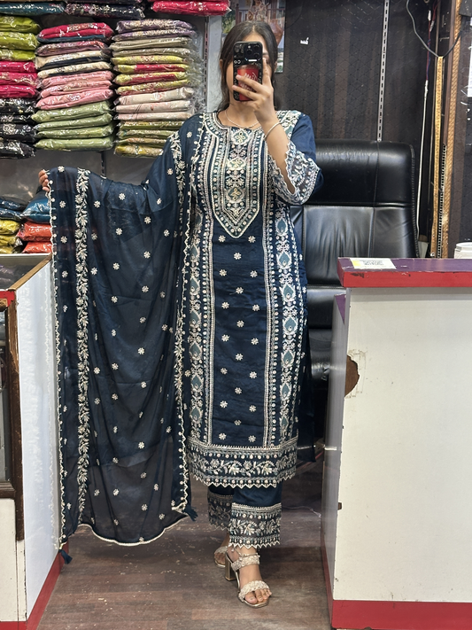 Peacock Blue Premium Pure Chinnon Embroidered Pakistani Suit with Designer Sleeves and Embroidered Plazo Along Side Full Pure Chinnon Embroidered Dupatta