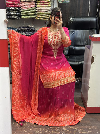 Pure Chinnon Kurti with Beautiful Neck Work with Full Flair Skirt and Full Chinnon Dupatta