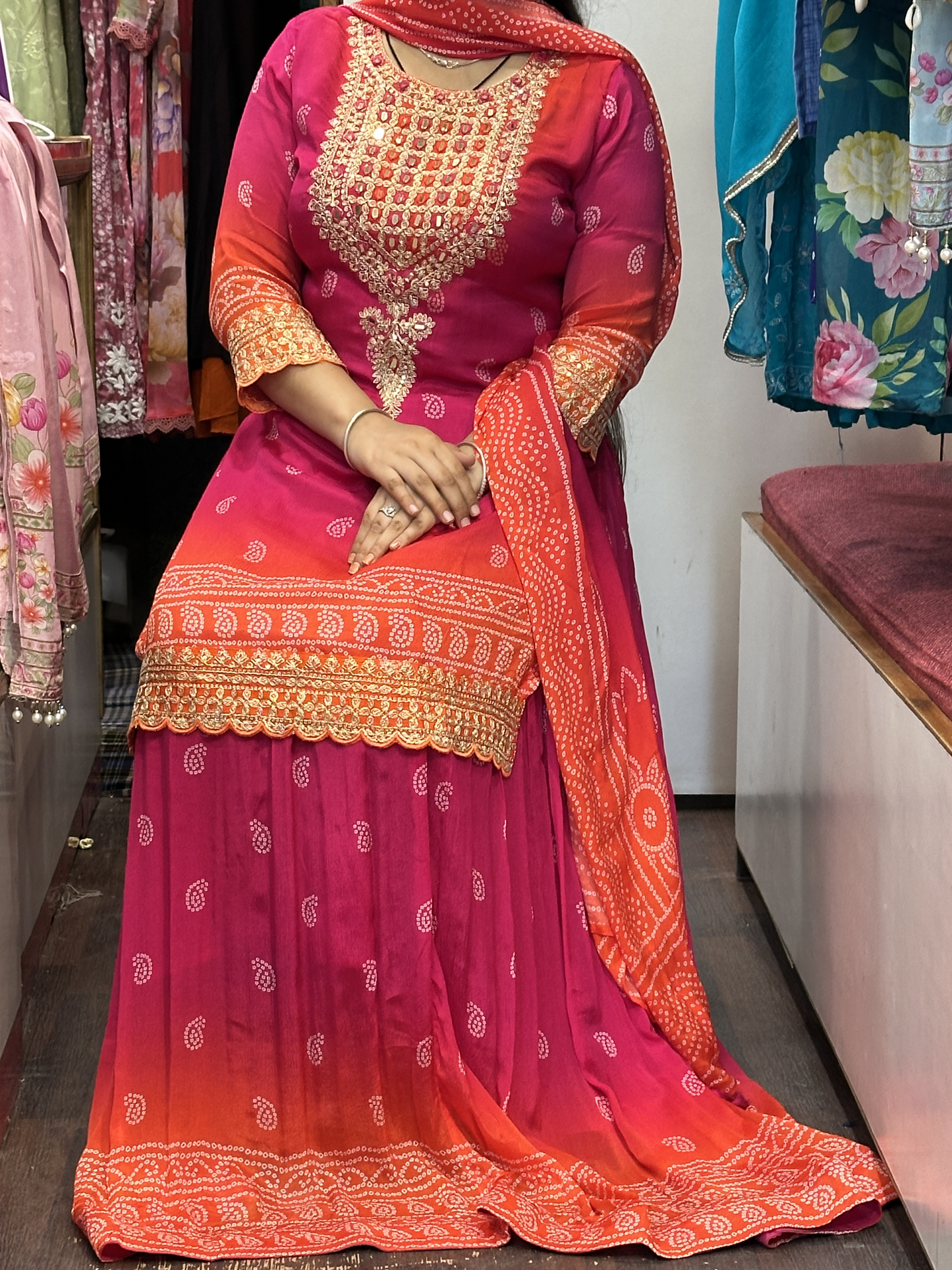 Pure Chinnon Kurti with Beautiful Neck Work with Full Flair Skirt and Full Chinnon Dupatta